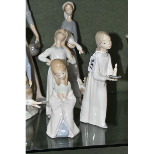 347 - A COLLECTION OF LLADRO, NAO AND SIMILAR FIGURES, to include Lladro: Girl with Goose and Dog, no 4866... 