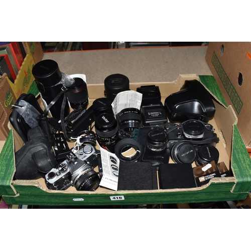 416 - A BOX OF CAMERAS, LENSES AND OTHER PHOTOGRAPHIC EQUIPMENT, to include two Olympus OM-2 cameras, one ... 