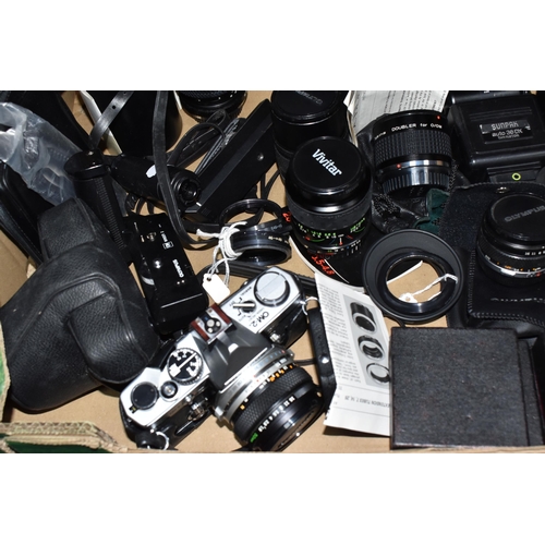 416 - A BOX OF CAMERAS, LENSES AND OTHER PHOTOGRAPHIC EQUIPMENT, to include two Olympus OM-2 cameras, one ... 