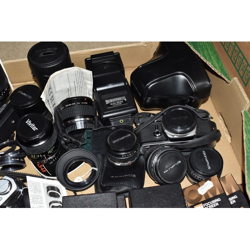 416 - A BOX OF CAMERAS, LENSES AND OTHER PHOTOGRAPHIC EQUIPMENT, to include two Olympus OM-2 cameras, one ... 