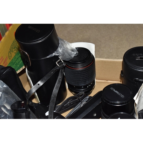 416 - A BOX OF CAMERAS, LENSES AND OTHER PHOTOGRAPHIC EQUIPMENT, to include two Olympus OM-2 cameras, one ... 