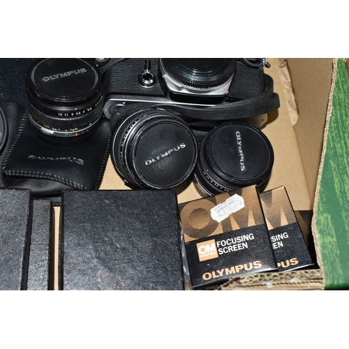 416 - A BOX OF CAMERAS, LENSES AND OTHER PHOTOGRAPHIC EQUIPMENT, to include two Olympus OM-2 cameras, one ... 