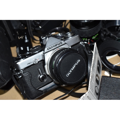 416 - A BOX OF CAMERAS, LENSES AND OTHER PHOTOGRAPHIC EQUIPMENT, to include two Olympus OM-2 cameras, one ... 