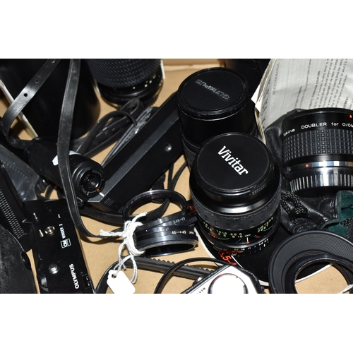 416 - A BOX OF CAMERAS, LENSES AND OTHER PHOTOGRAPHIC EQUIPMENT, to include two Olympus OM-2 cameras, one ... 