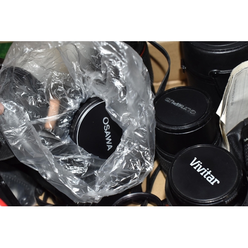 416 - A BOX OF CAMERAS, LENSES AND OTHER PHOTOGRAPHIC EQUIPMENT, to include two Olympus OM-2 cameras, one ... 