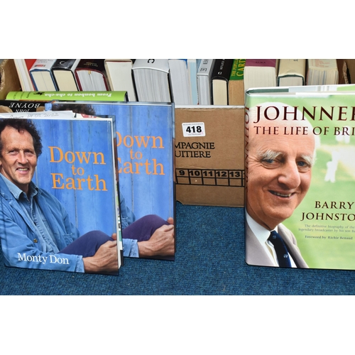 418 - FOUR BOXES OF BOOKS containing over eighty-five miscellaneous titles in hardback and paperback forma... 