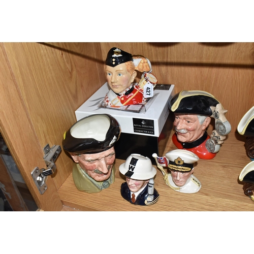 427 - FIVE MILITARY THEMED ROYAL DOULTON CHARACTER JUGS, comprising boxed North Staffordshire Drummer Boy ... 