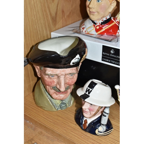 427 - FIVE MILITARY THEMED ROYAL DOULTON CHARACTER JUGS, comprising boxed North Staffordshire Drummer Boy ... 