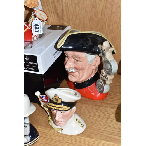 427 - FIVE MILITARY THEMED ROYAL DOULTON CHARACTER JUGS, comprising boxed North Staffordshire Drummer Boy ... 