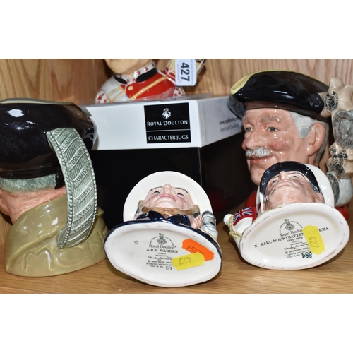 427 - FIVE MILITARY THEMED ROYAL DOULTON CHARACTER JUGS, comprising boxed North Staffordshire Drummer Boy ... 