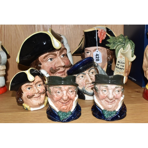 428 - SIX ROYAL DOULTON CHARACTER JUGS, comprising large Capt. Henry Morgan D6467, large Captain Bligh D69... 