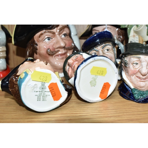 428 - SIX ROYAL DOULTON CHARACTER JUGS, comprising large Capt. Henry Morgan D6467, large Captain Bligh D69... 