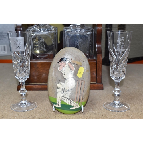 434 - A SMALL COLLECTION OF CRYSTAL ITEMS SPORTS RELATED, a dark wood with brass detail tantalus caddy wit... 