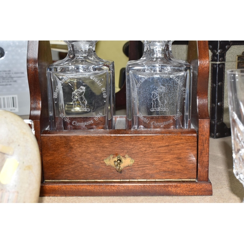 434 - A SMALL COLLECTION OF CRYSTAL ITEMS SPORTS RELATED, a dark wood with brass detail tantalus caddy wit... 