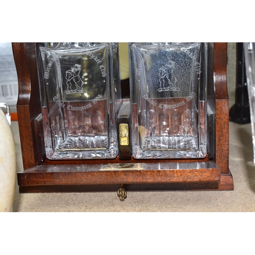 434 - A SMALL COLLECTION OF CRYSTAL ITEMS SPORTS RELATED, a dark wood with brass detail tantalus caddy wit... 