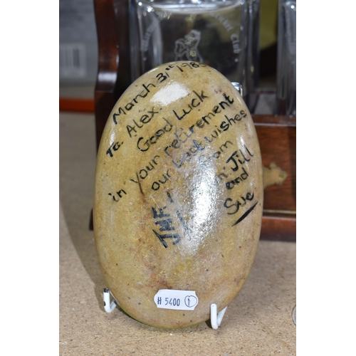 434 - A SMALL COLLECTION OF CRYSTAL ITEMS SPORTS RELATED, a dark wood with brass detail tantalus caddy wit... 