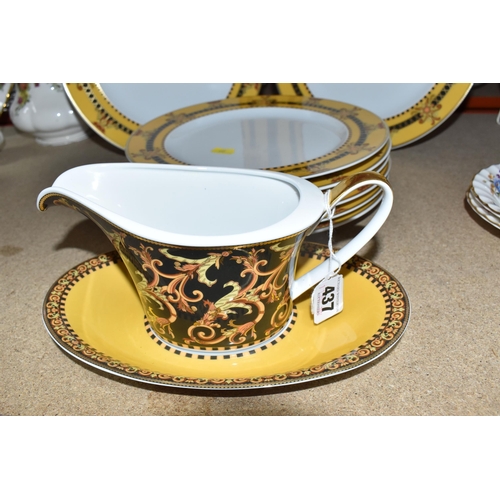 437 - VERSACE DINNER PLATES AND PLATED GRAVY BOAT, 'Barocco' design with yellow background rim black, yell... 