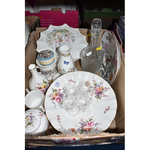 439 - TWO BOXES OF MISCELLANEOUS CERAMICS, to include a footed Royal Crown Derby 'Derby Posies' bowl, a gi... 