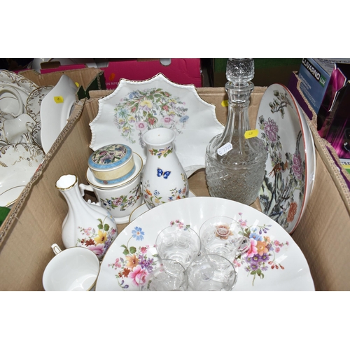 439 - TWO BOXES OF MISCELLANEOUS CERAMICS, to include a footed Royal Crown Derby 'Derby Posies' bowl, a gi... 