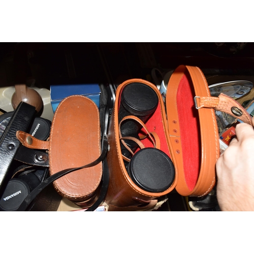 440 - TWO BOXES OF ASSORTED BINOCULARS, CAMERAS AND OTHER ITEMS, to include cased binoculars by Liebermann... 