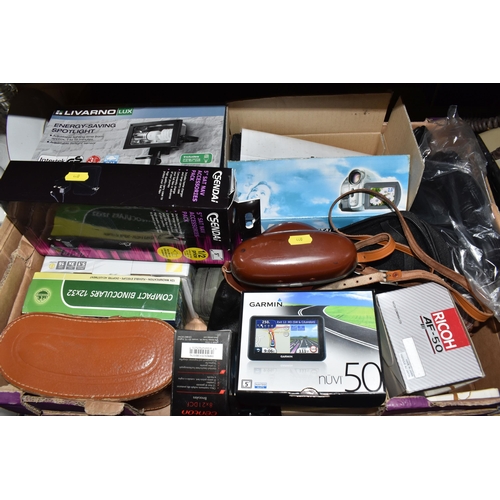 440 - TWO BOXES OF ASSORTED BINOCULARS, CAMERAS AND OTHER ITEMS, to include cased binoculars by Liebermann... 