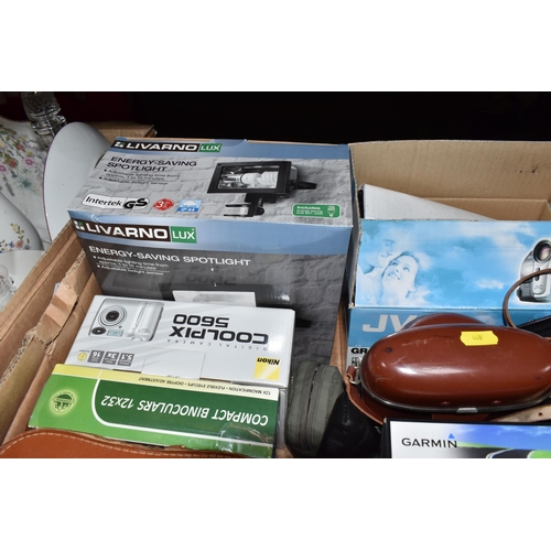 440 - TWO BOXES OF ASSORTED BINOCULARS, CAMERAS AND OTHER ITEMS, to include cased binoculars by Liebermann... 