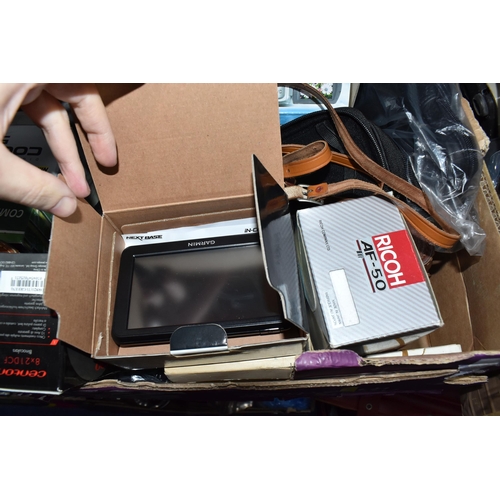 440 - TWO BOXES OF ASSORTED BINOCULARS, CAMERAS AND OTHER ITEMS, to include cased binoculars by Liebermann... 