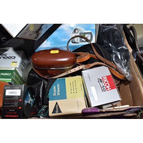 440 - TWO BOXES OF ASSORTED BINOCULARS, CAMERAS AND OTHER ITEMS, to include cased binoculars by Liebermann... 