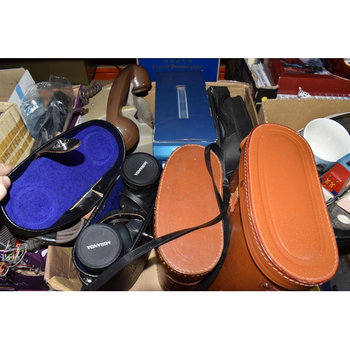 440 - TWO BOXES OF ASSORTED BINOCULARS, CAMERAS AND OTHER ITEMS, to include cased binoculars by Liebermann... 