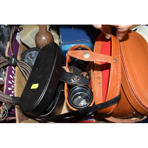 440 - TWO BOXES OF ASSORTED BINOCULARS, CAMERAS AND OTHER ITEMS, to include cased binoculars by Liebermann... 