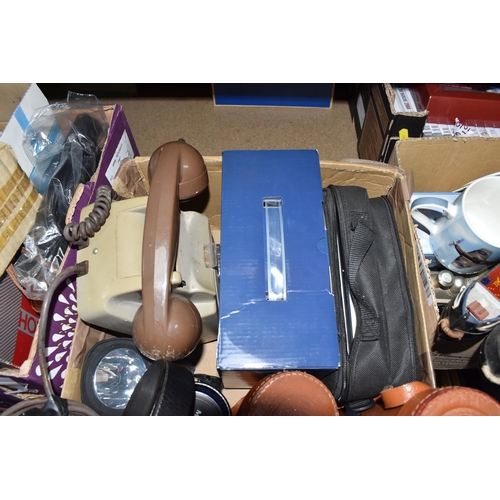 440 - TWO BOXES OF ASSORTED BINOCULARS, CAMERAS AND OTHER ITEMS, to include cased binoculars by Liebermann... 