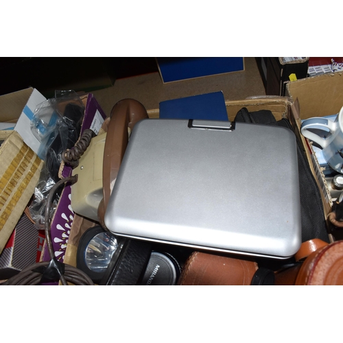 440 - TWO BOXES OF ASSORTED BINOCULARS, CAMERAS AND OTHER ITEMS, to include cased binoculars by Liebermann... 