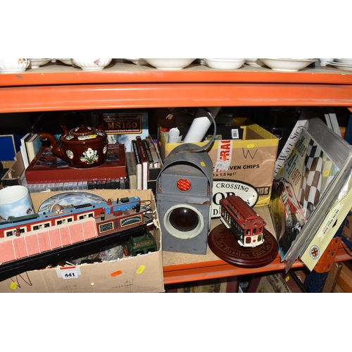 441 - THREE BOXES AND LOOSE MISCELLANEOUS, to include steam railway books and DVDs, a cast iron sign sayin... 