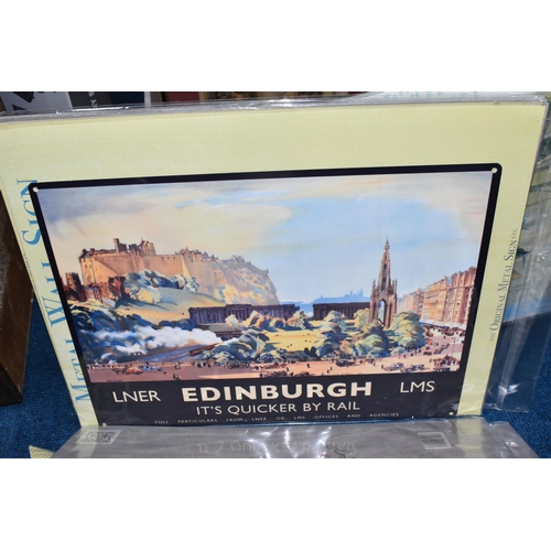 441 - THREE BOXES AND LOOSE MISCELLANEOUS, to include steam railway books and DVDs, a cast iron sign sayin... 