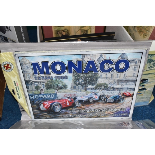 441 - THREE BOXES AND LOOSE MISCELLANEOUS, to include steam railway books and DVDs, a cast iron sign sayin... 