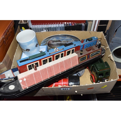 441 - THREE BOXES AND LOOSE MISCELLANEOUS, to include steam railway books and DVDs, a cast iron sign sayin... 