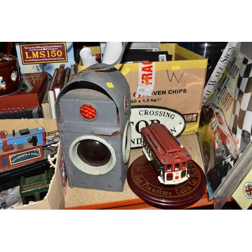 441 - THREE BOXES AND LOOSE MISCELLANEOUS, to include steam railway books and DVDs, a cast iron sign sayin... 