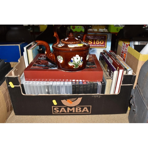 441 - THREE BOXES AND LOOSE MISCELLANEOUS, to include steam railway books and DVDs, a cast iron sign sayin... 