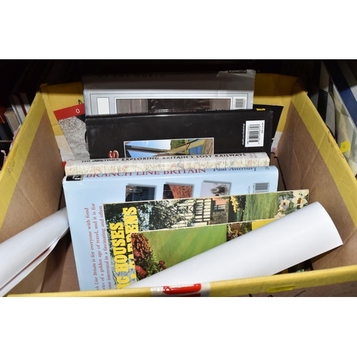 441 - THREE BOXES AND LOOSE MISCELLANEOUS, to include steam railway books and DVDs, a cast iron sign sayin... 