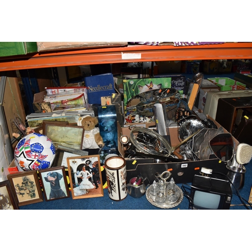 442 - FIVE BOXES AND LOOSE MISCELLANEOUS ITEM, to include various sized pictures some framed some canvas a... 