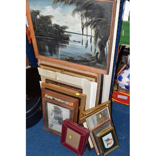 442 - FIVE BOXES AND LOOSE MISCELLANEOUS ITEM, to include various sized pictures some framed some canvas a... 