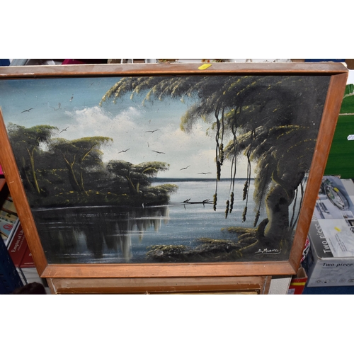 442 - FIVE BOXES AND LOOSE MISCELLANEOUS ITEM, to include various sized pictures some framed some canvas a... 