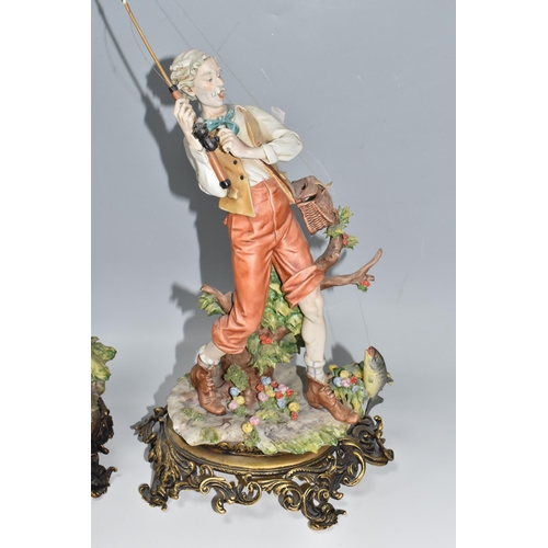 445 - A PAIR OF FISHING THEMED CAPODIMONTE FIGURES designed by Benacchio comprising a fisherman with a rod... 