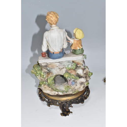 445 - A PAIR OF FISHING THEMED CAPODIMONTE FIGURES designed by Benacchio comprising a fisherman with a rod... 