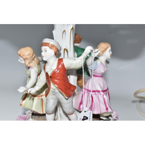 446 - AN EAST-GERMAN TWENTIETH CENTURY PORCELAIN FIGURAL LAMP with a pierced rococo style shade with litho... 