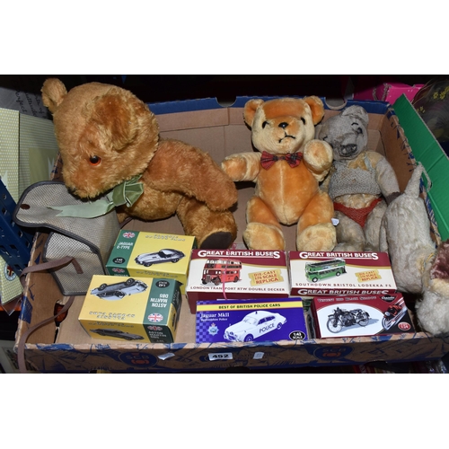 452 - A QUANTITY OF MISCELLANEOUS TOYS, to include distressed vintage golden plush teddy bear, vintage sof... 