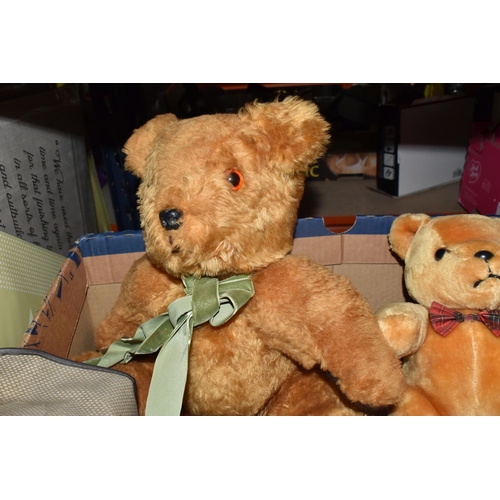 452 - A QUANTITY OF MISCELLANEOUS TOYS, to include distressed vintage golden plush teddy bear, vintage sof... 