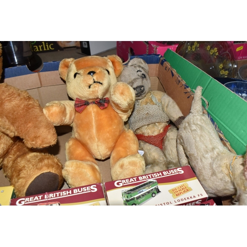452 - A QUANTITY OF MISCELLANEOUS TOYS, to include distressed vintage golden plush teddy bear, vintage sof... 