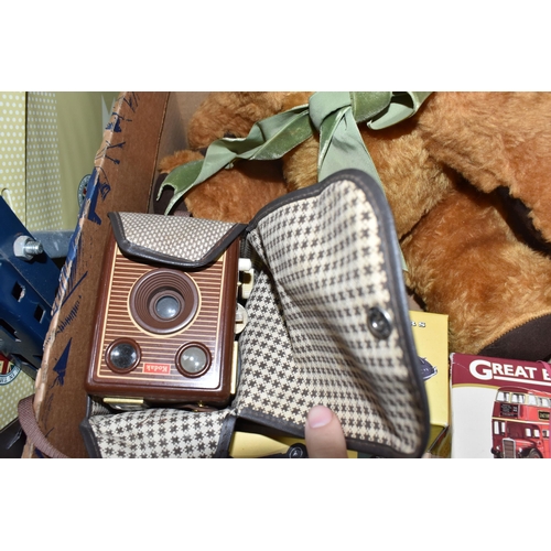 452 - A QUANTITY OF MISCELLANEOUS TOYS, to include distressed vintage golden plush teddy bear, vintage sof... 