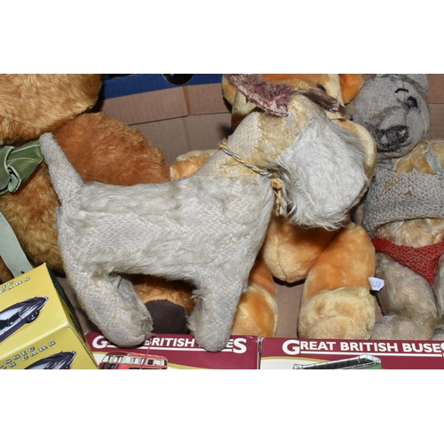 452 - A QUANTITY OF MISCELLANEOUS TOYS, to include distressed vintage golden plush teddy bear, vintage sof... 